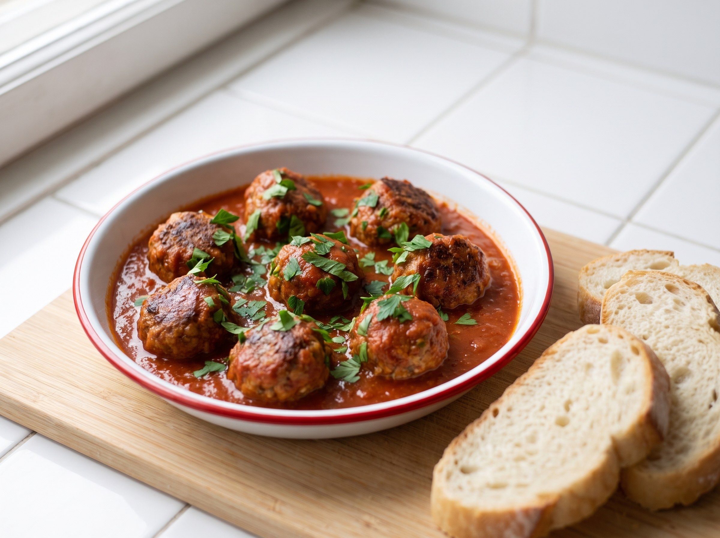 Albóndigas in Tomatensoße mit gehackter Petersilie in einer flachen Emailleschale mit rotem Rand, daneben Scheiben Weißbrot