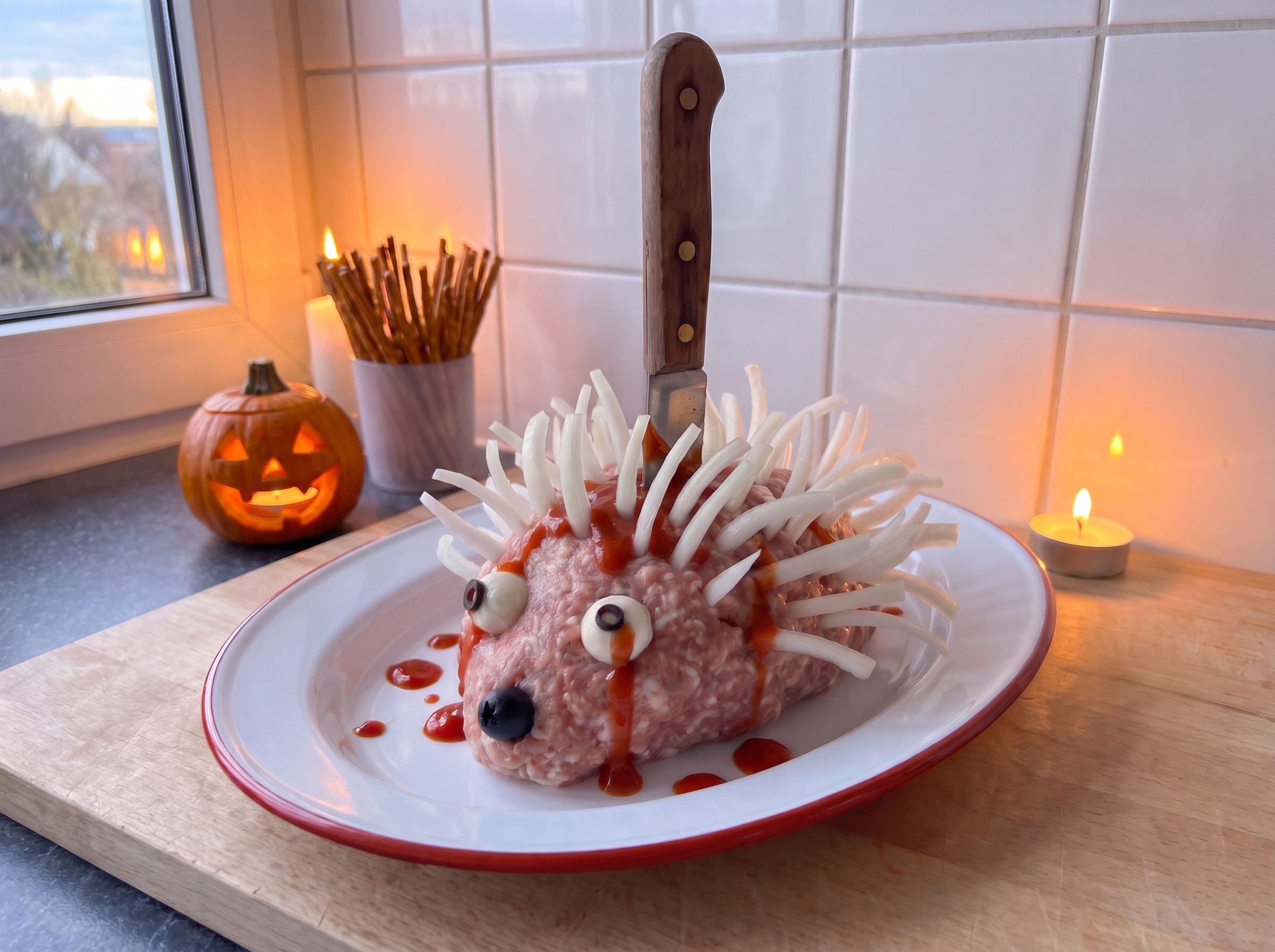Bloody Mettigel mit Ketchup-Tränen unter den Mozzarella-Augen und einem Messer im Rücken auf einer Emailleplatte, im Hintergrund ein Kürbis, Salzstangen und Teelichter in der Abenddämmerung