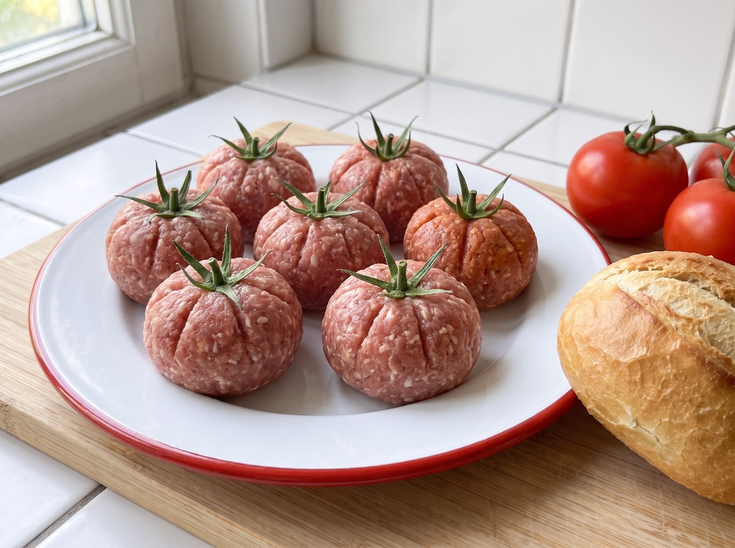 Sieben gerippte Mettkugeln mit grünen Tomatenkelchen auf einem Emailleteller mit rotem Rand, daneben Strauchtomaten und ein Brötchen