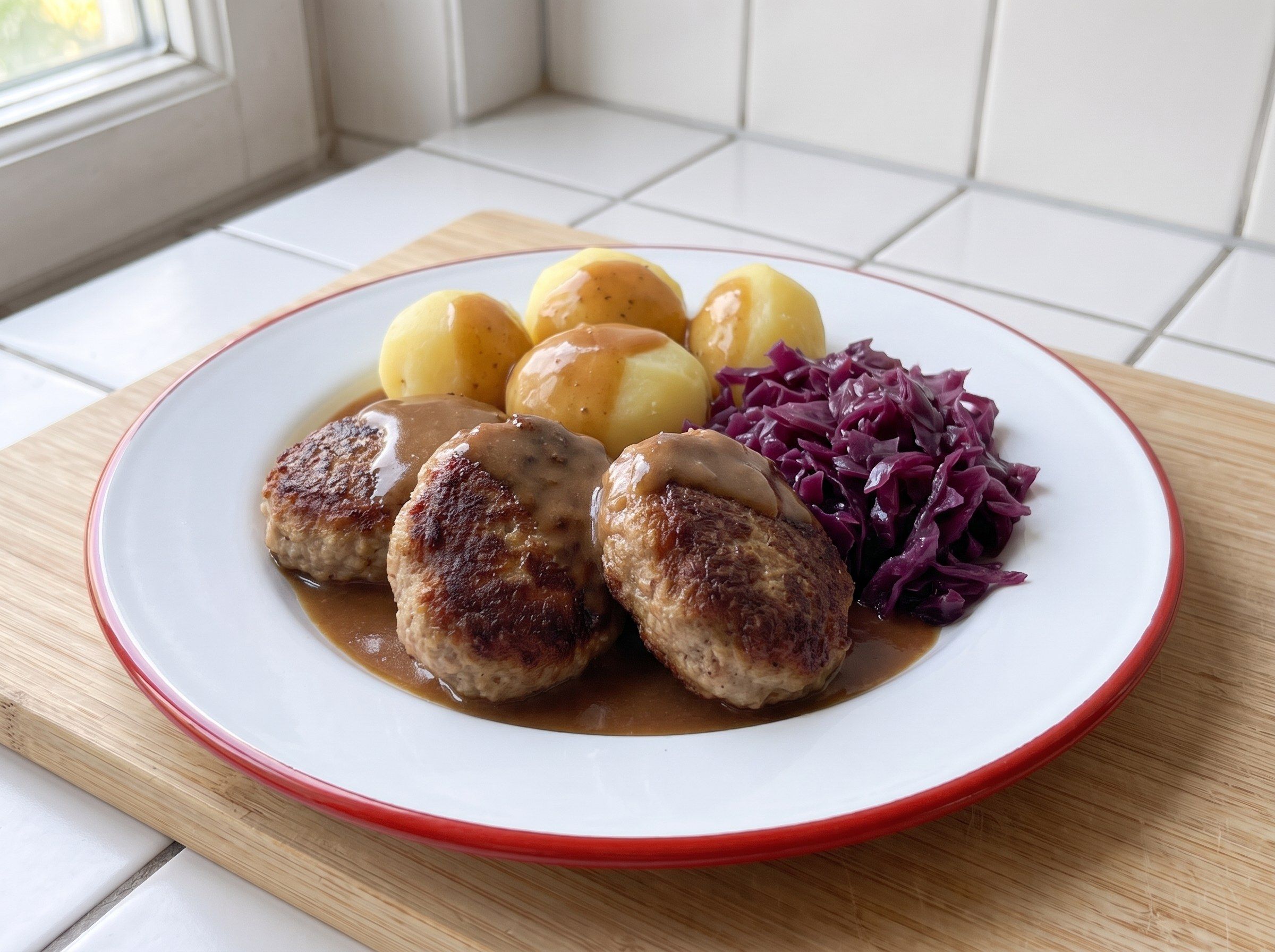 Drei dänische Frikadeller mit brauner Soße, Kartoffeln und Rotkohl auf einem Emailleteller mit rotem Rand