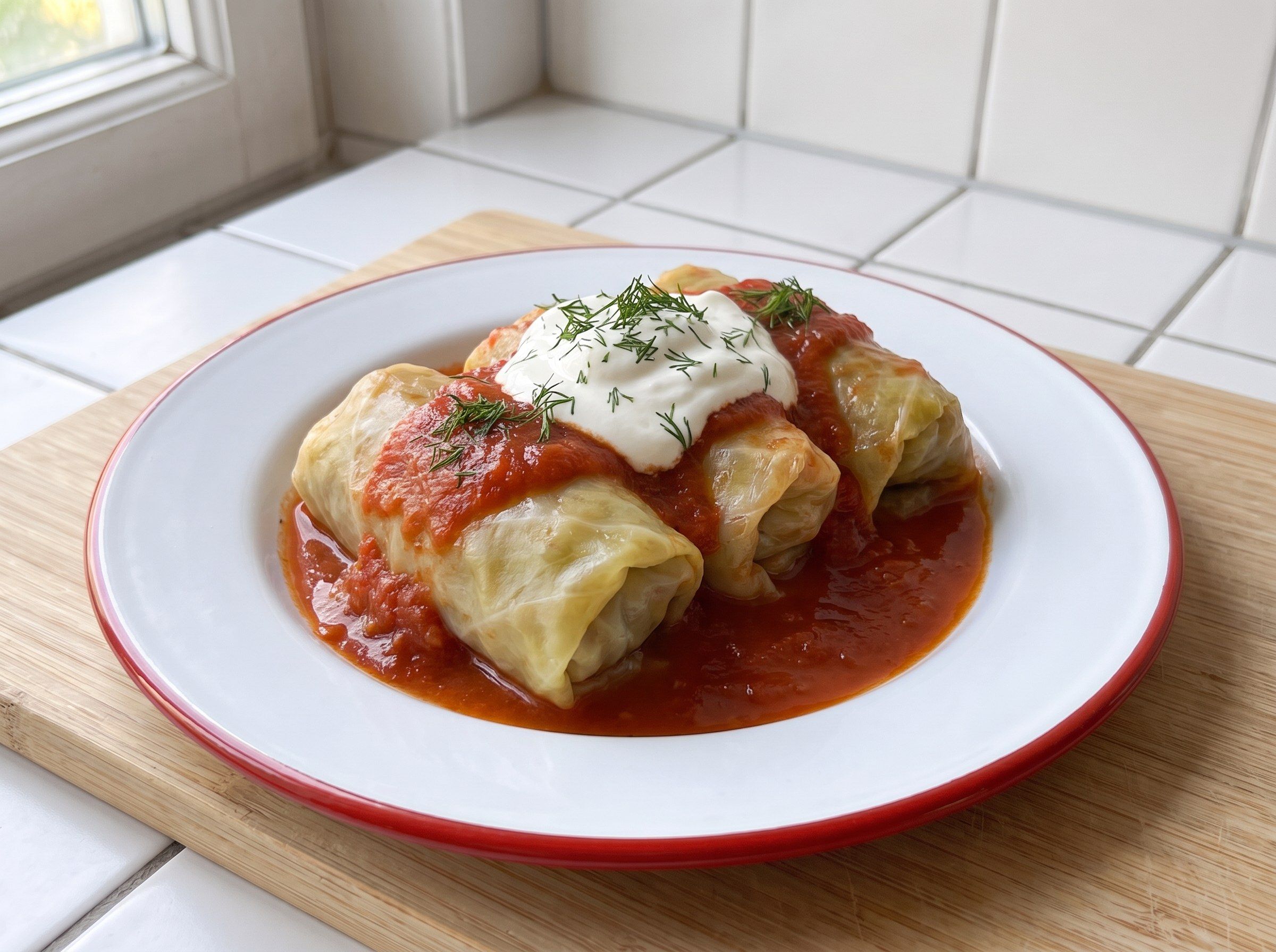 Drei ukrainische Holubzi, Weißkohlrouladen in Tomatensoße mit Smetana und Dill, auf einem Emailleteller mit rotem Rand