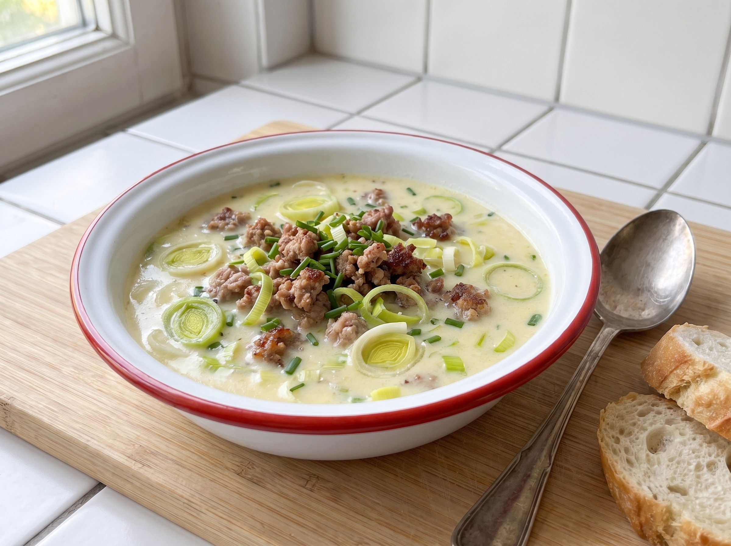 Käse-Lauch-Suppe mit krümelig gebratenem Mett, Lauchringen und Schnittlauch in einer Emailleschüssel mit rotem Rand, daneben Baguette und ein Löffel