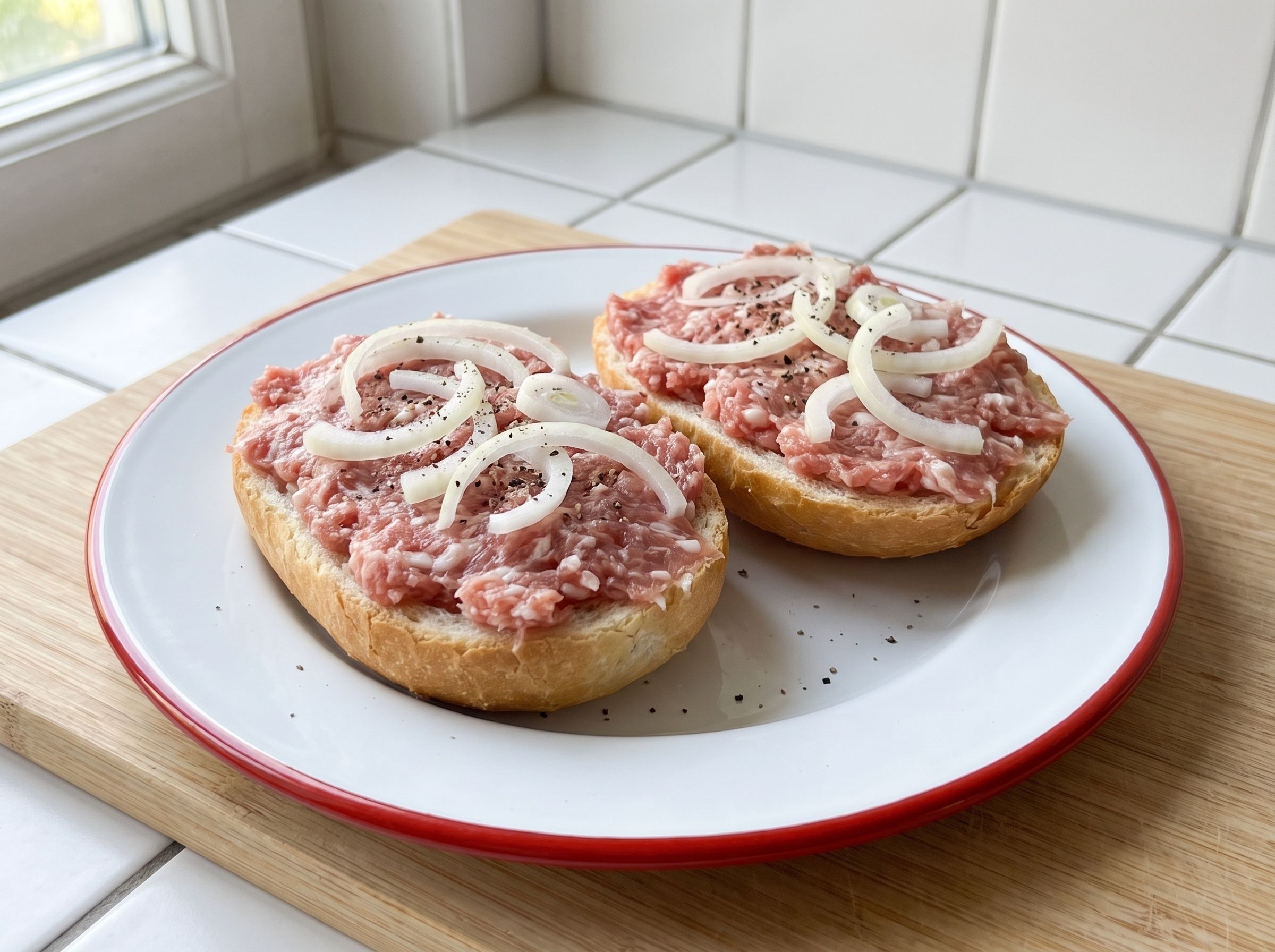 Zwei Brötchenhälften mit Mett, Zwiebelringen und Pfeffer auf einem Emailleteller mit rotem Rand