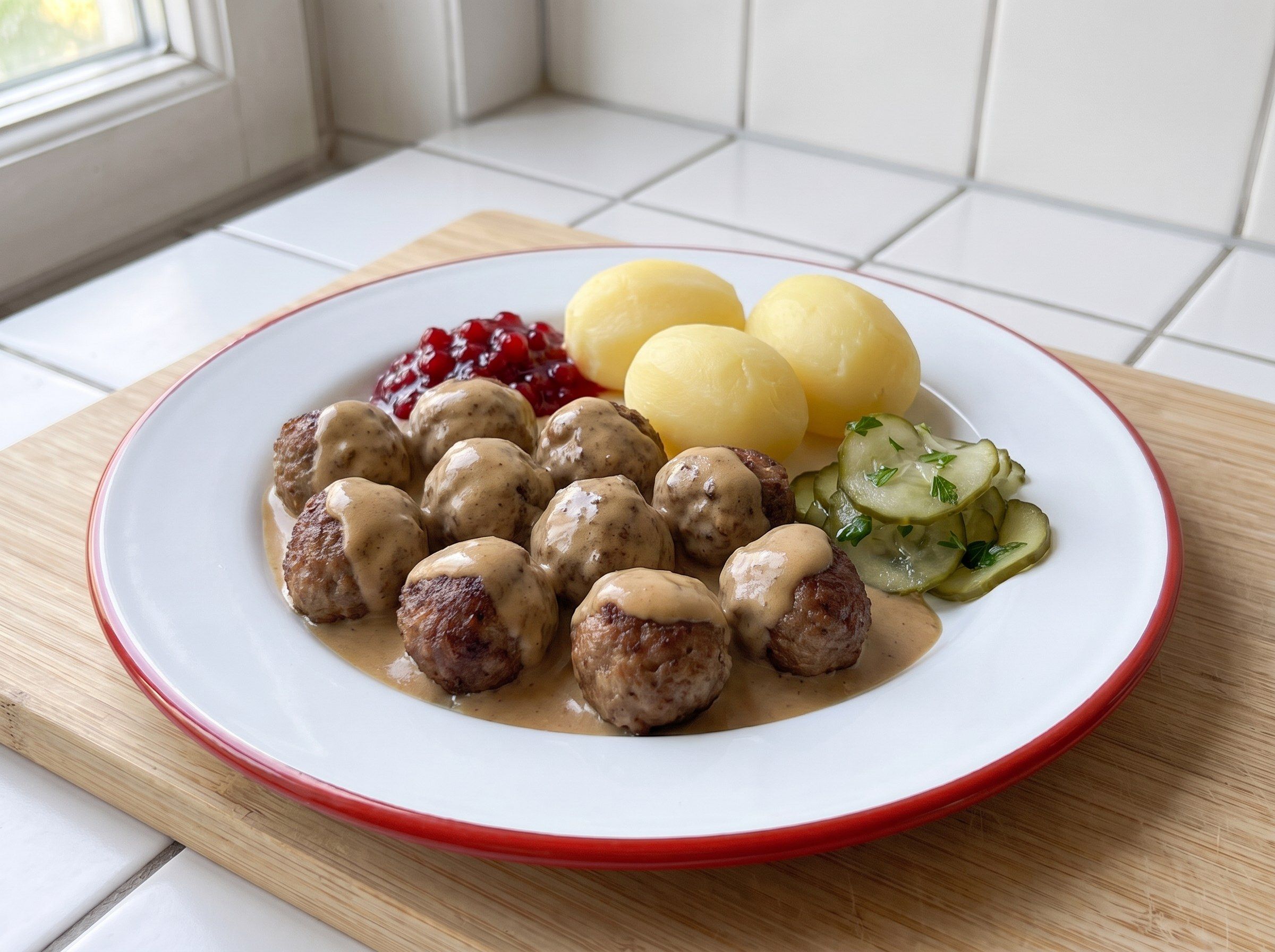 Köttbullar mit Rahmsoße, Salzkartoffeln, Preiselbeeren und Pressgurke auf einem Emailleteller mit rotem Rand