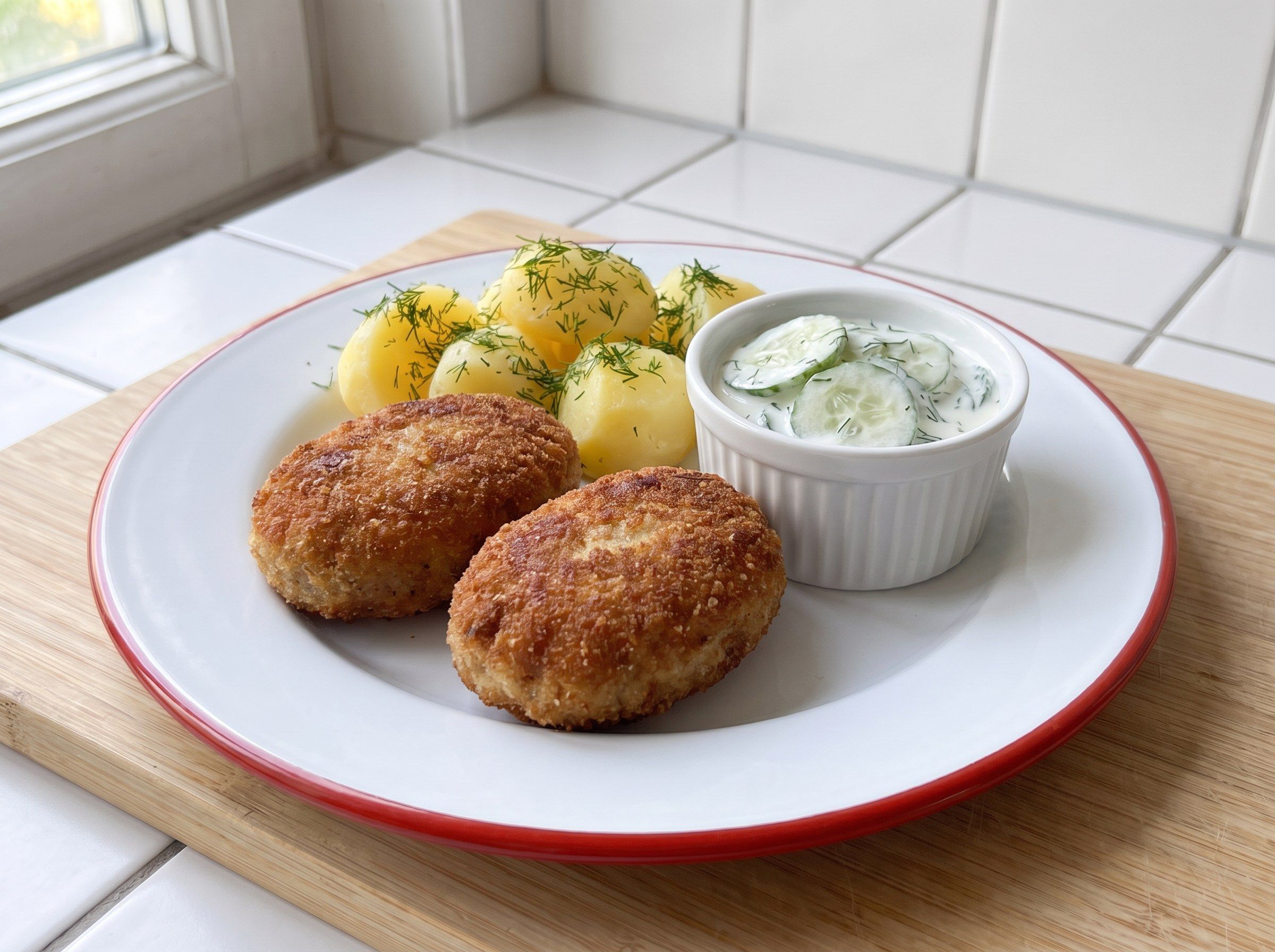 Zwei panierte polnische Kotlety mielone mit Dillkartoffeln und einem Schälchen Mizeria auf einem Emailleteller mit rotem Rand