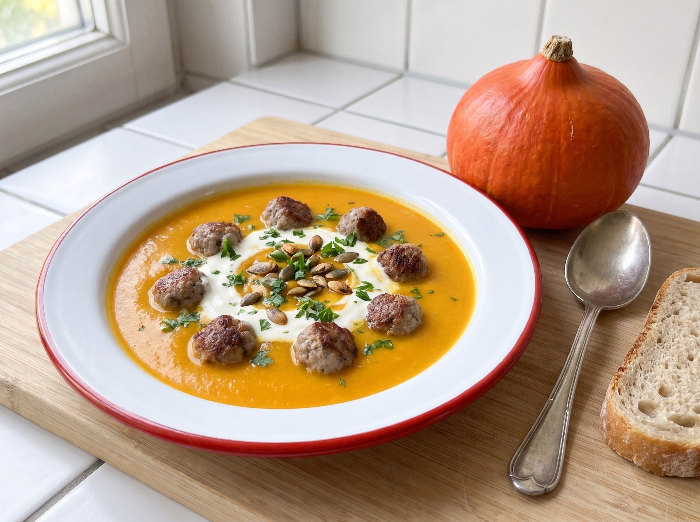 Kürbissuppe mit Mettbällchen: orange Hokkaido-Suppe in einem Emailleteller mit rotem Rand, darin durchgegarte, angebratene Mettbällchen, ein Klecks Sahne, Kürbiskerne und Petersilie, daneben ein ganzer Hokkaido-Kürbis, ein Löffel und Brot