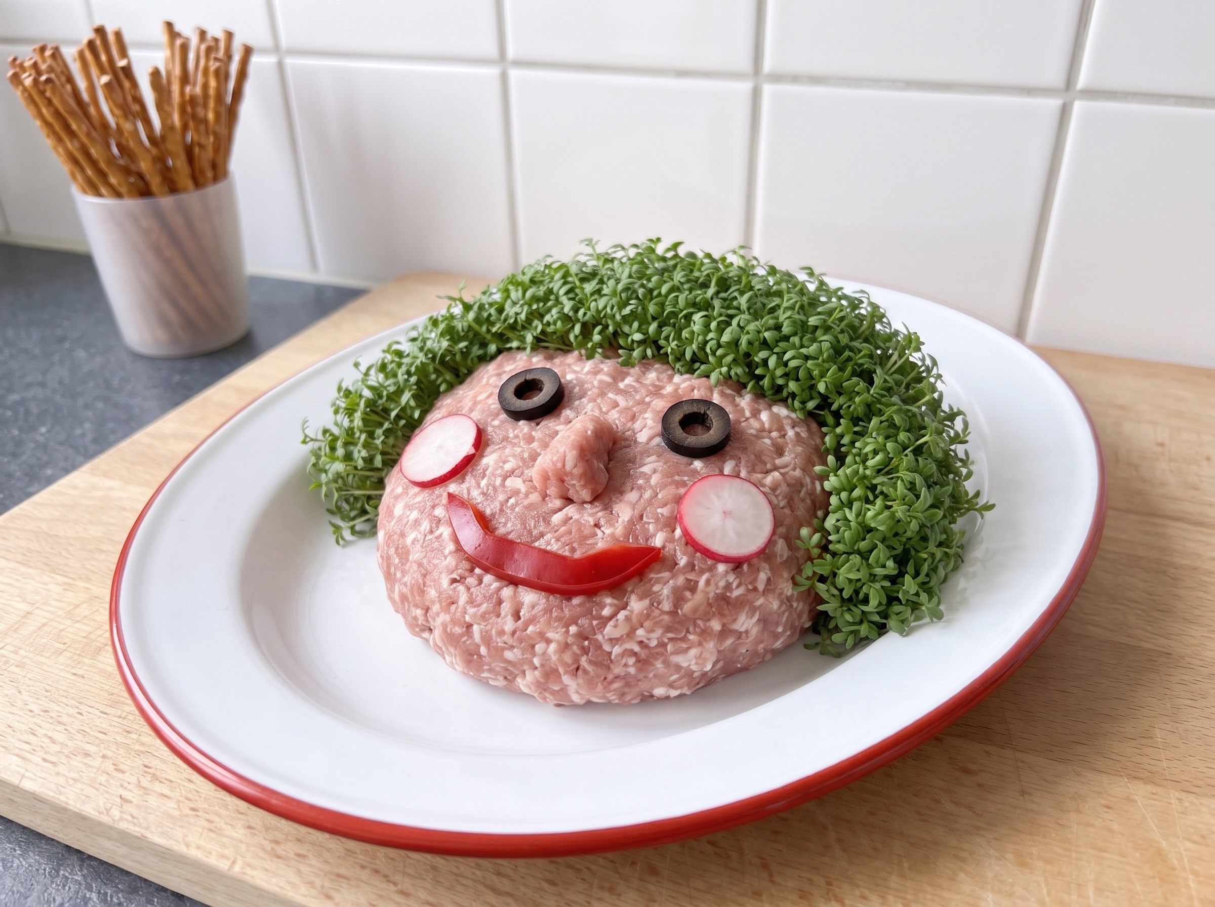 Gewölbter Mettkopf mit Kressefrisur, Augen aus Olivenringen, Radieschenwangen und Paprika-Grinsen auf einer Emailleplatte mit rotem Rand, im Hintergrund Salzstangen