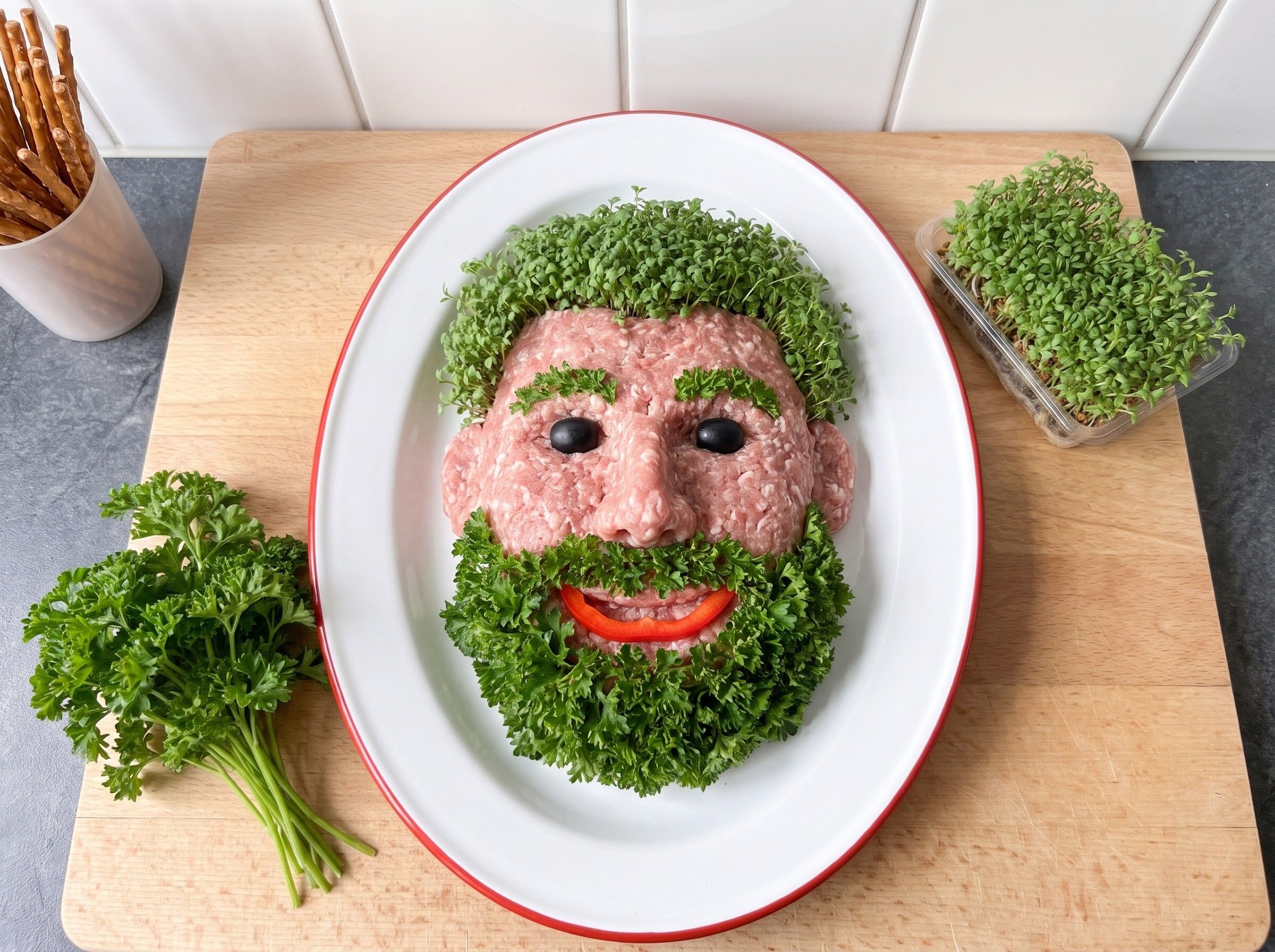 Mett-Bubikopf im Herrenschnitt: grinsendes Gesicht aus Mett mit Kressefrisur, Kresse-Augenbrauen, Olivenaugen und Vollbart aus krauser Petersilie auf einer Emailleplatte mit rotem Rand, daneben Petersilie und Kresse