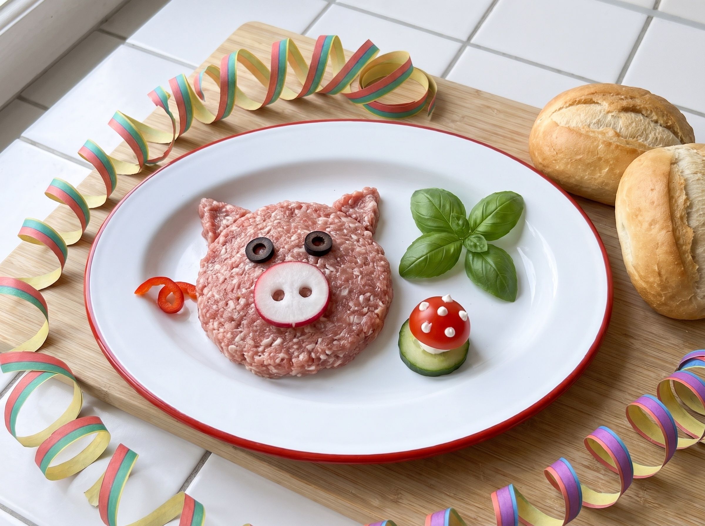 Mett-Glücksschwein: rundes Schwein aus Mett mit Radieschen-Rüssel, Olivenaugen und Ringelschwanz aus roter Paprika, daneben ein Kleeblatt aus Basilikum und ein Fliegenpilz aus Kirschtomate auf einer Gurkenscheibe, auf einer Emailleplatte, ringsum Luftschlangen und Brötchen