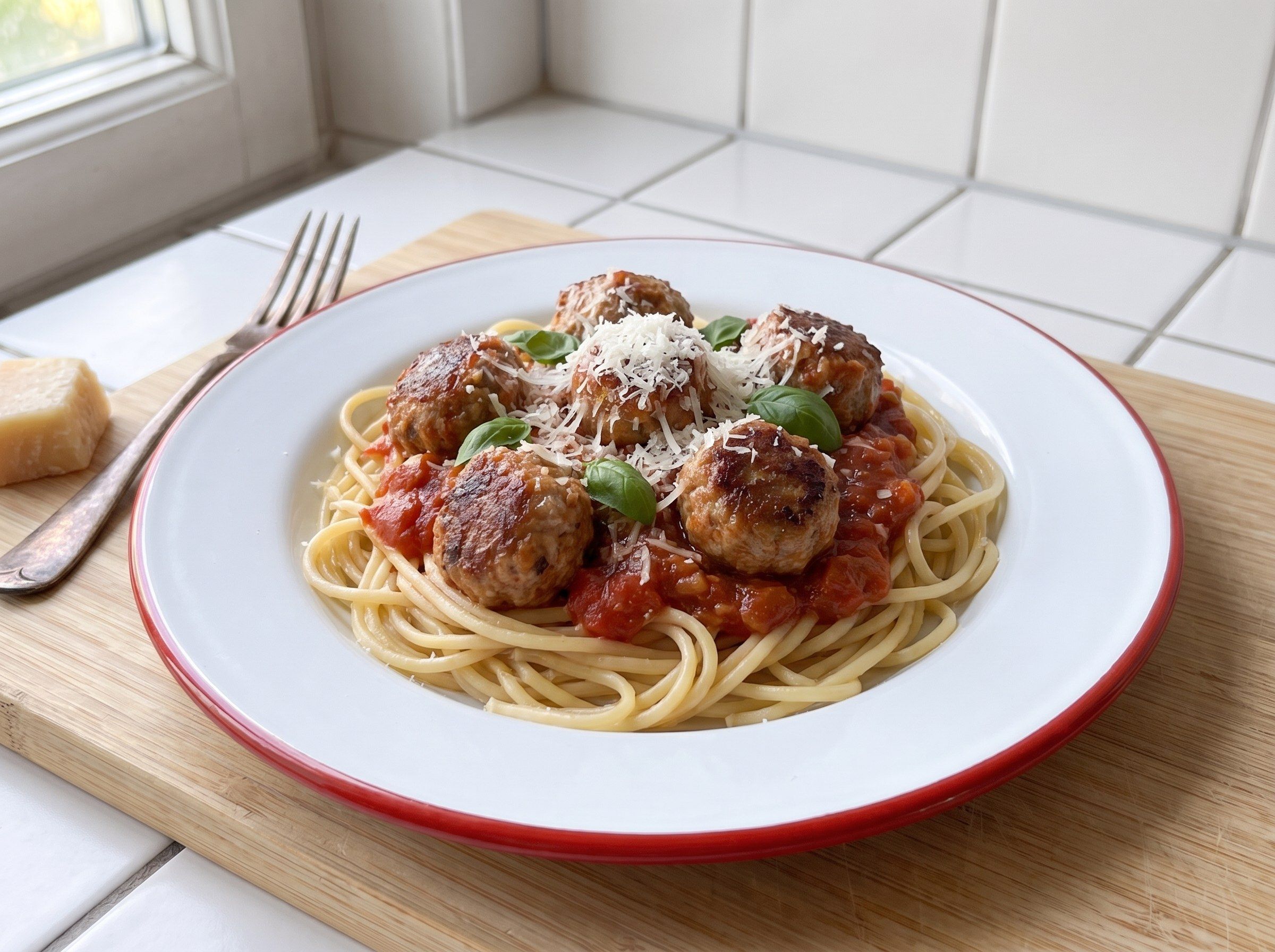 Spaghetti mit Mettbällchen in Tomatensoße, Basilikum und geriebenem Parmesan auf einem tiefen Emailleteller mit rotem Rand