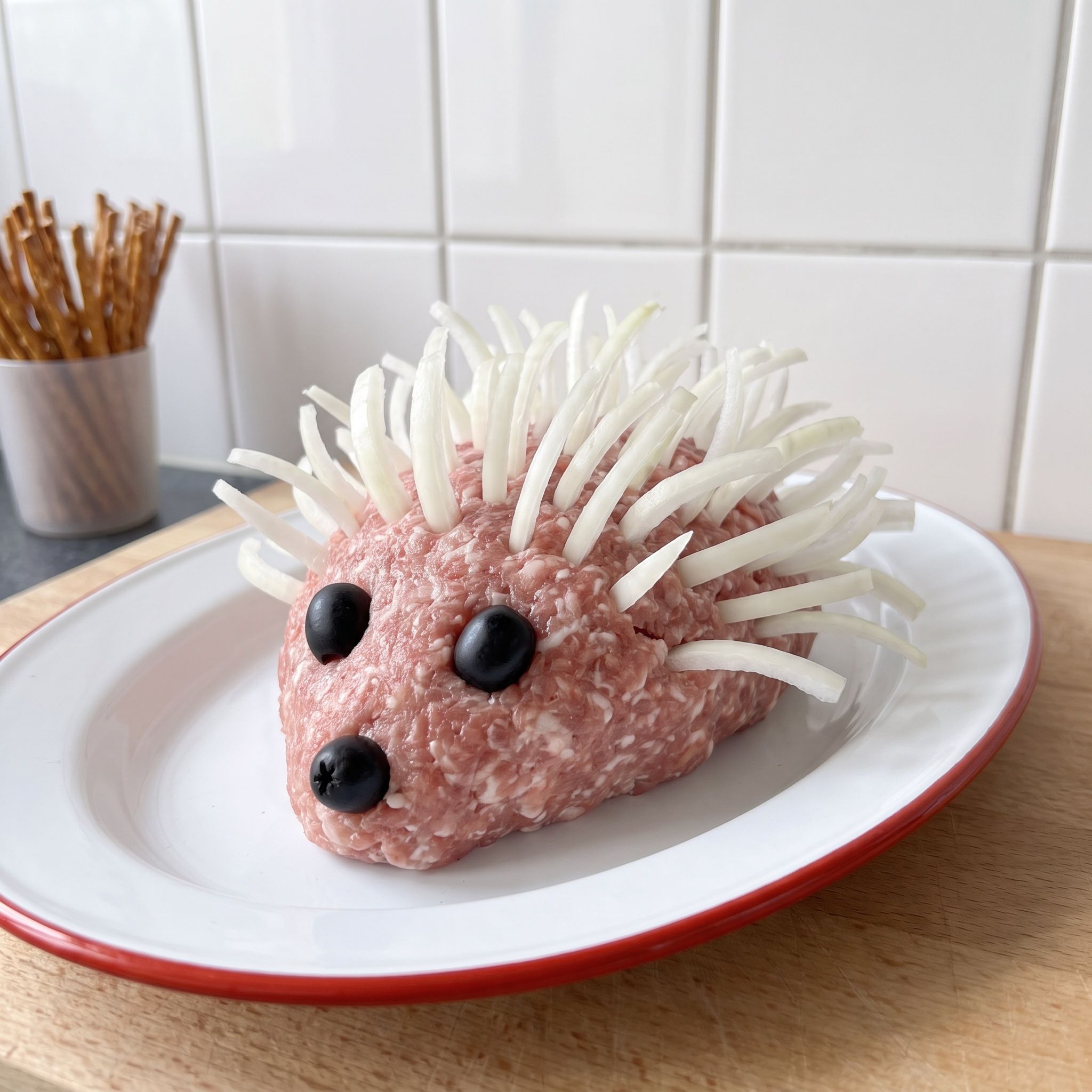 Mettigel aus Schweinemett mit Zwiebelstacheln, Olivenaugen und Olivennase auf einer Emailleplatte mit rotem Rand