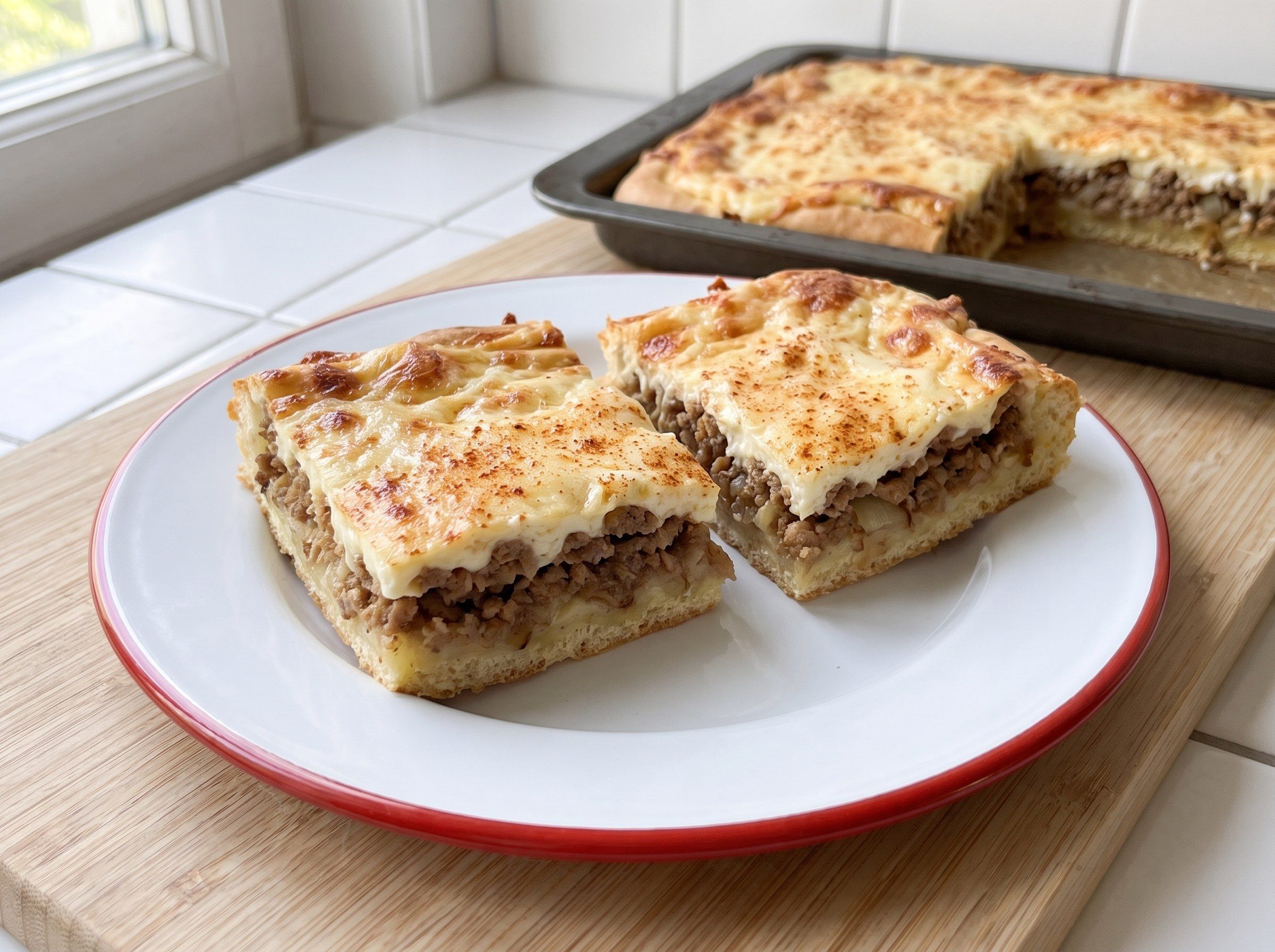 Zwei Stücke Mettkuchen mit Mett, Zwiebeln und gebräuntem Schmand-Käse-Guss auf einem Emailleteller mit rotem Rand, dahinter das Backblech