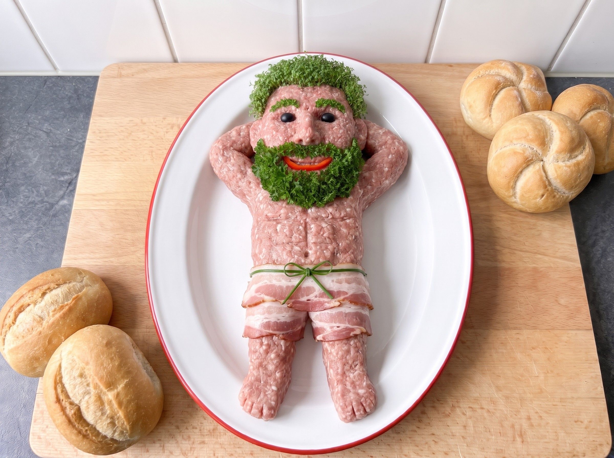 Mettmann: Figur aus Mett mit Kressehaar, Petersilienbart, Paprika-Grinsen, Waschbrettbauch und Badehose aus Schinkenspeck, die Arme hinter dem Kopf, auf einer Emailleplatte mit rotem Rand