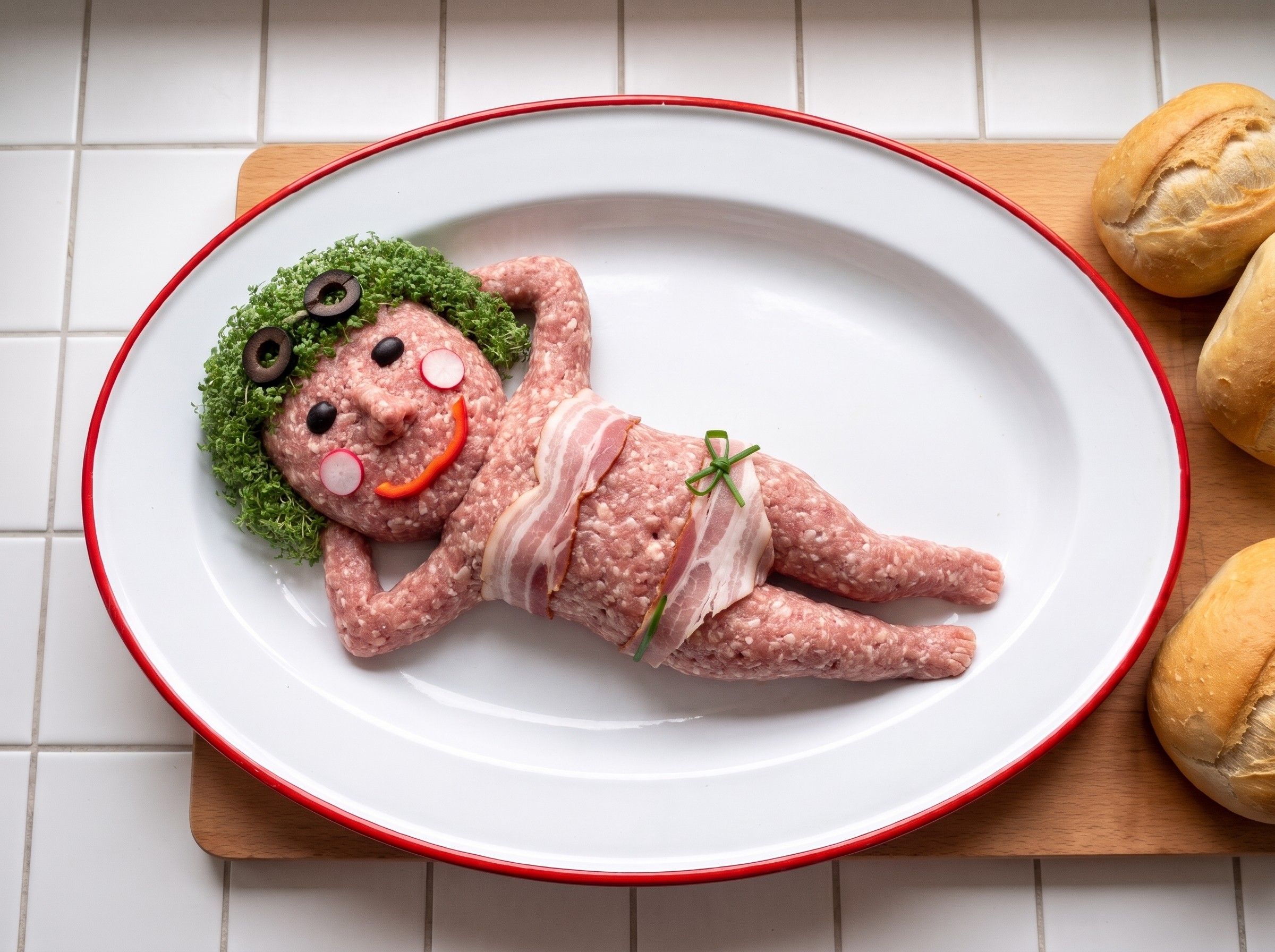 Mettnixe: Figur aus Mett mit Bubikopf aus Kresse, Oliven-Sonnenbrille, Radieschenwangen, Paprika-Grinsen und Bikini aus Schinkenspeck, liegend auf einer Emailleplatte mit rotem Rand