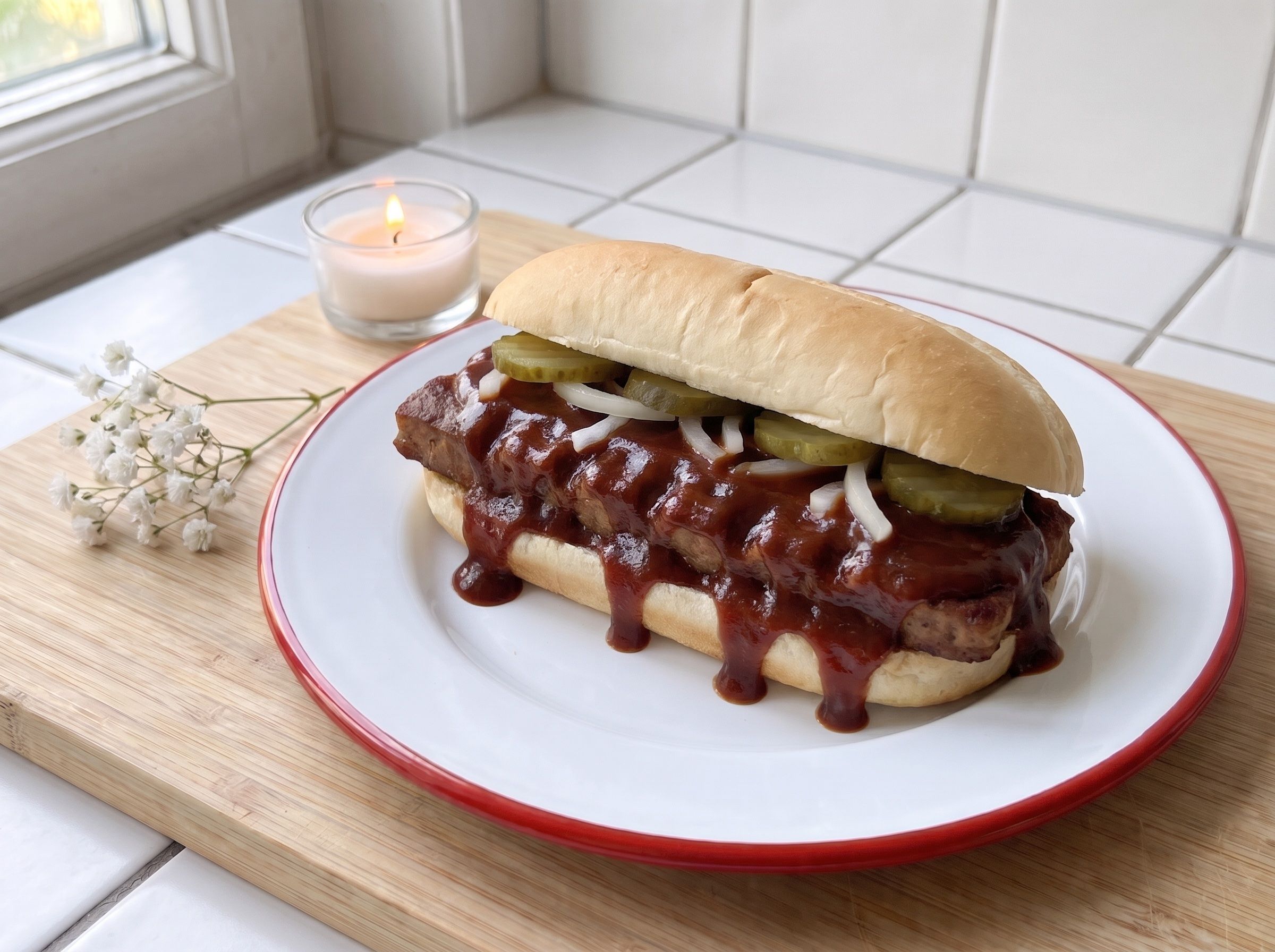 MettRib mit dünnem, soßengetränktem Patty auf einem Emailleteller, daneben ein brennendes Teelicht im Glas und ein Zweig Schleierkraut