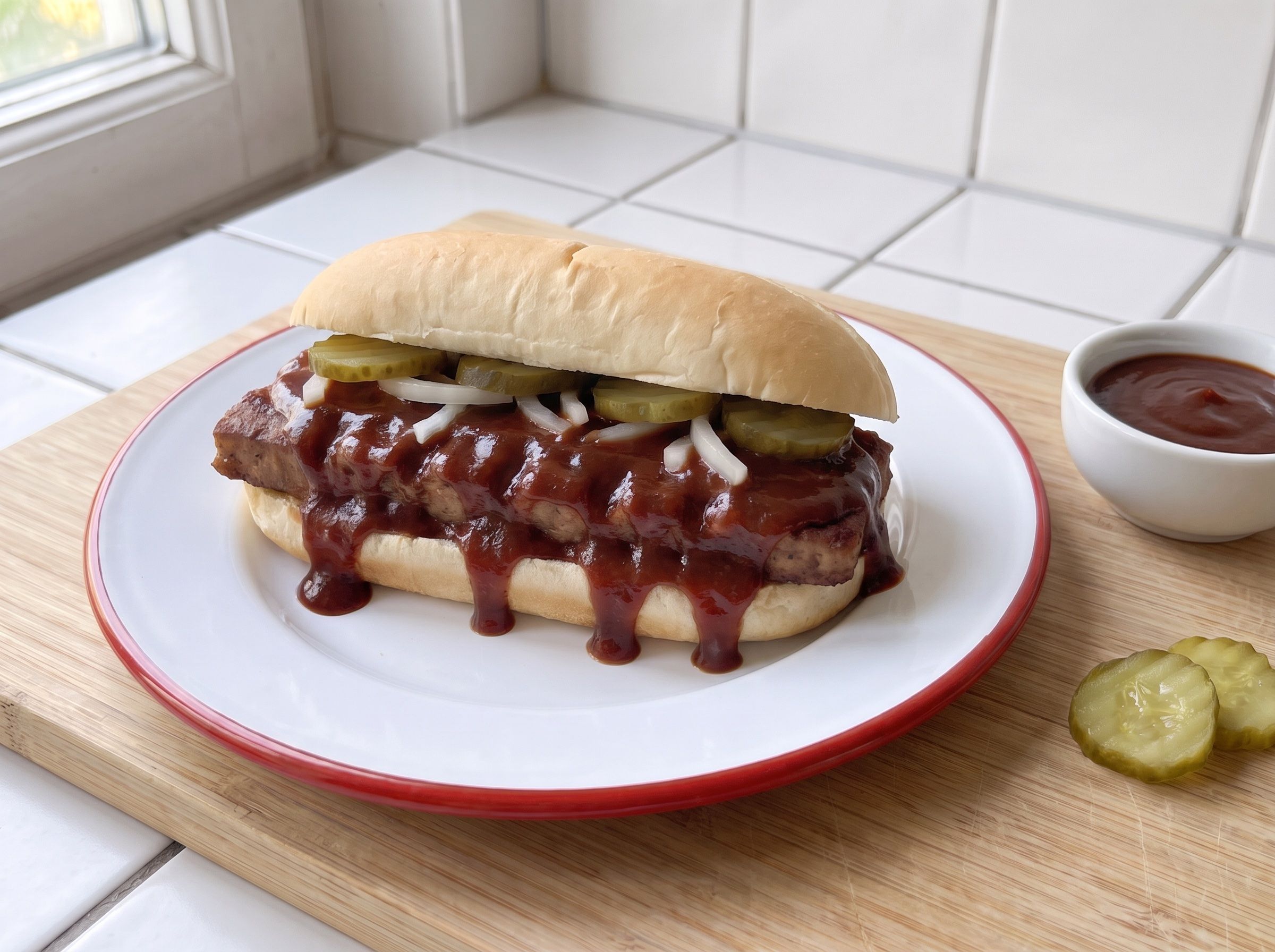 Zugeklappter MettRib auf einem Emailleteller mit rotem Rand: langes Brötchen, dünnes Mett-Patty, aus dem reichlich BBQ-Soße auf den Teller tropft, Gurkenscheiben und Zwiebeln, daneben ein Schälchen Soße