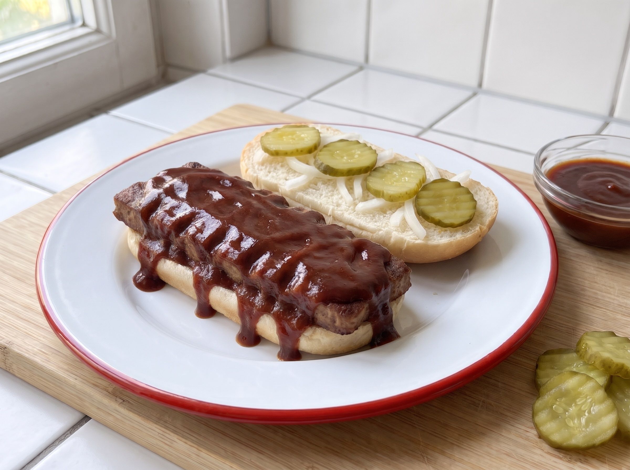 Aufgeklappter MettRib auf einem Emailleteller mit rotem Rand: dünnes, gebratenes Mett-Patty mit Querrillen, ganz in BBQ-Soße getränkt, auf der unteren Brötchenhälfte, daneben die obere Hälfte mit Zwiebeln und Gurkenscheiben