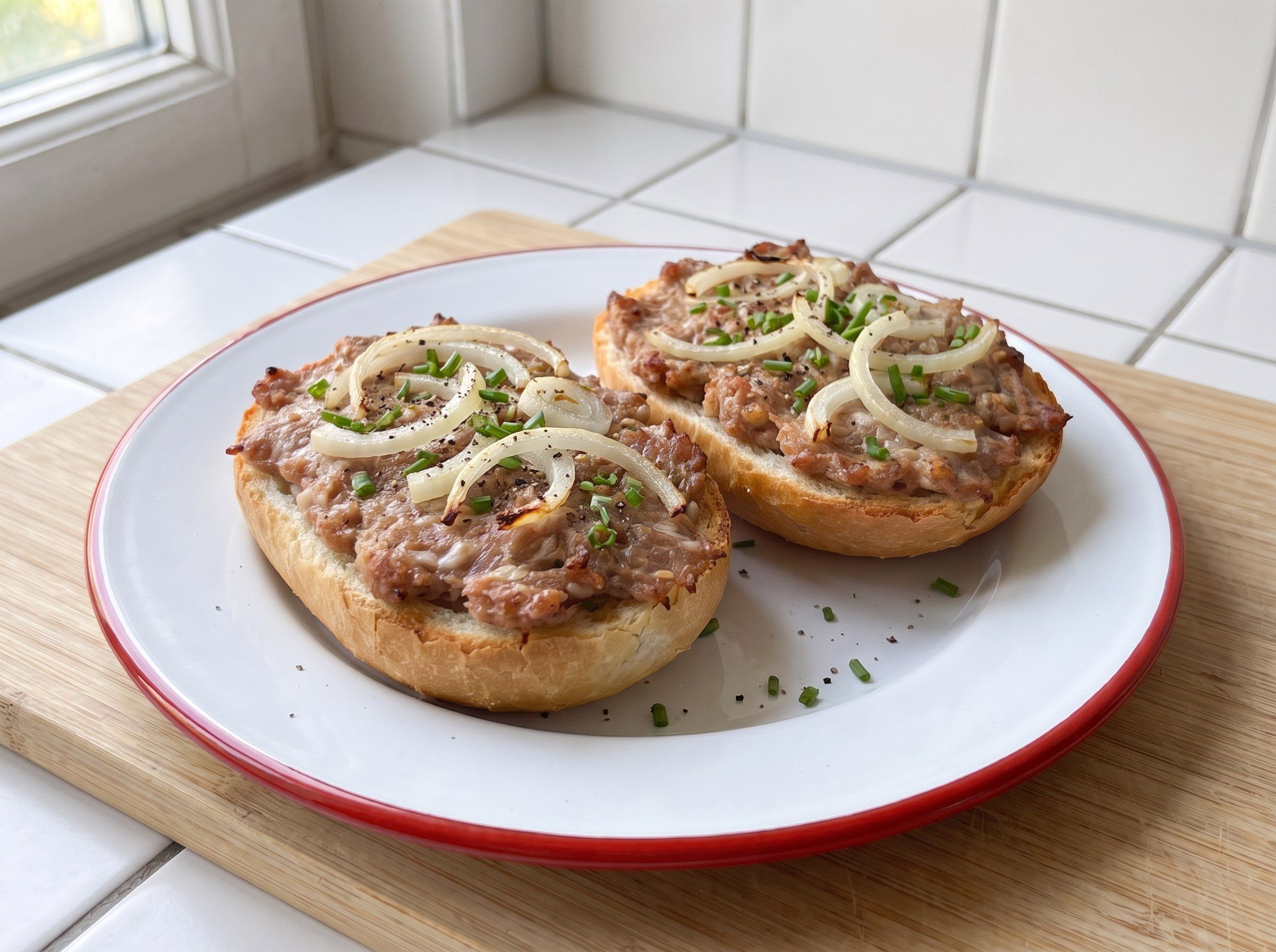 Zwei überbackene Mettbrötchen-Hälften mit durchgegartem Mett, mitgebackenen Zwiebelringen und Schnittlauch auf einem Emailleteller mit rotem Rand