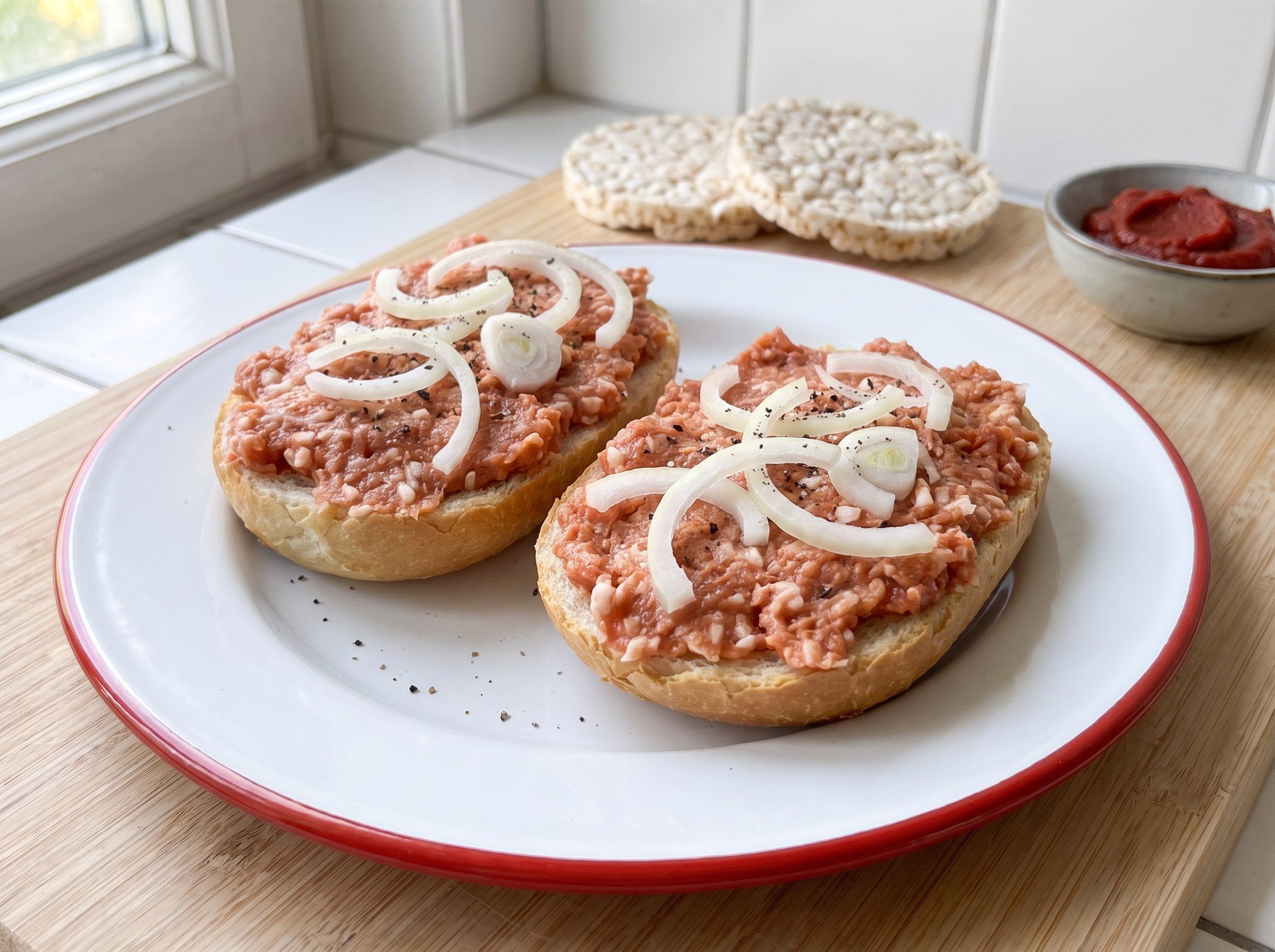 Zwei Brötchenhälften mit veganem Mett aus Reiswaffeln, Zwiebelringen und Pfeffer, dahinter Reiswaffeln und ein Schälchen Tomatenmark
