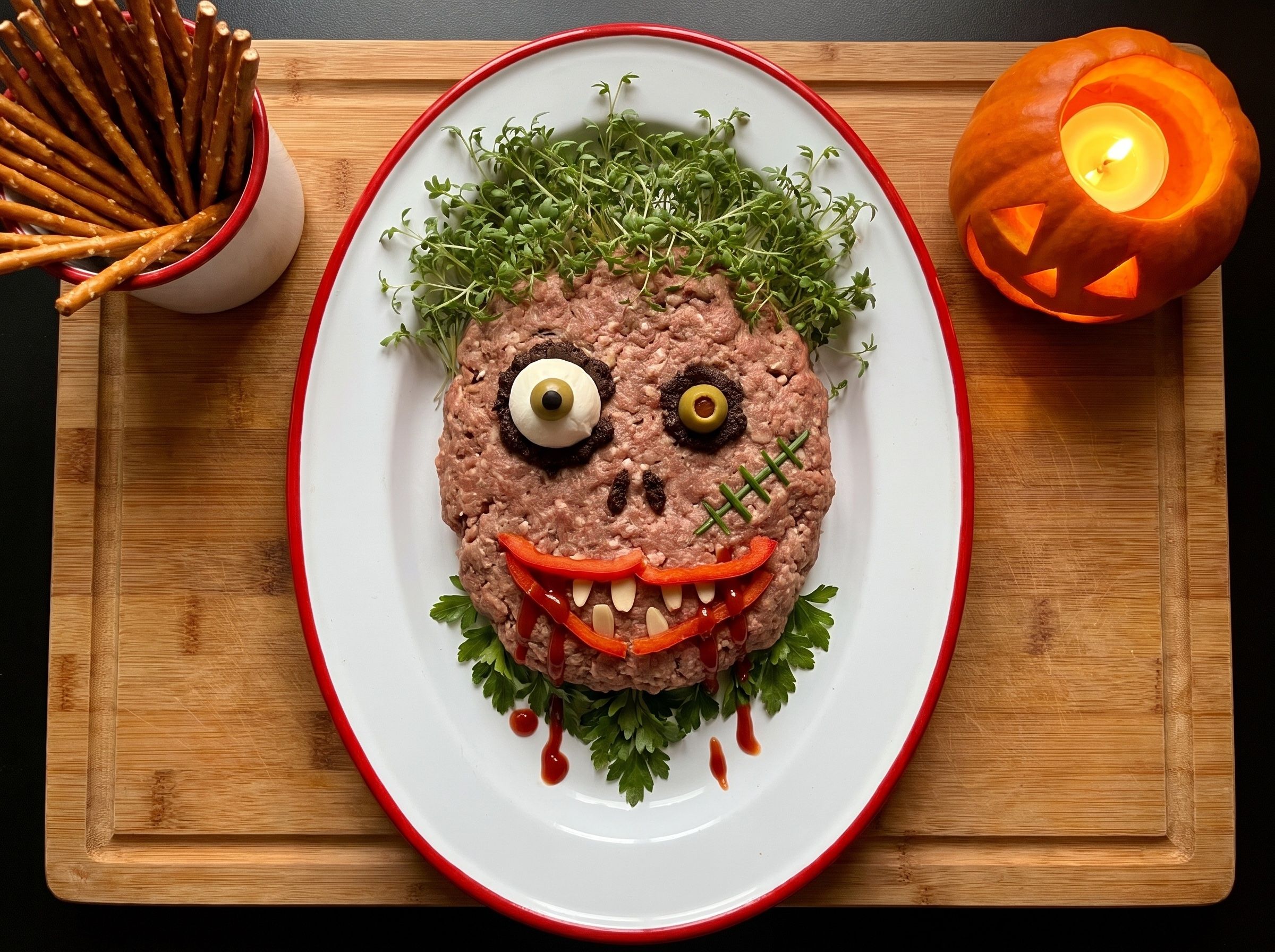 Zombie-Mettgesicht mit wild abstehender Kresse, Augenringen aus Olivenpaste, Schnittlauch-Narbe auf der Wange und Paprika-Grinsen mit Mandelzähnen auf einer Emailleplatte, daneben ein Kürbis mit Teelicht