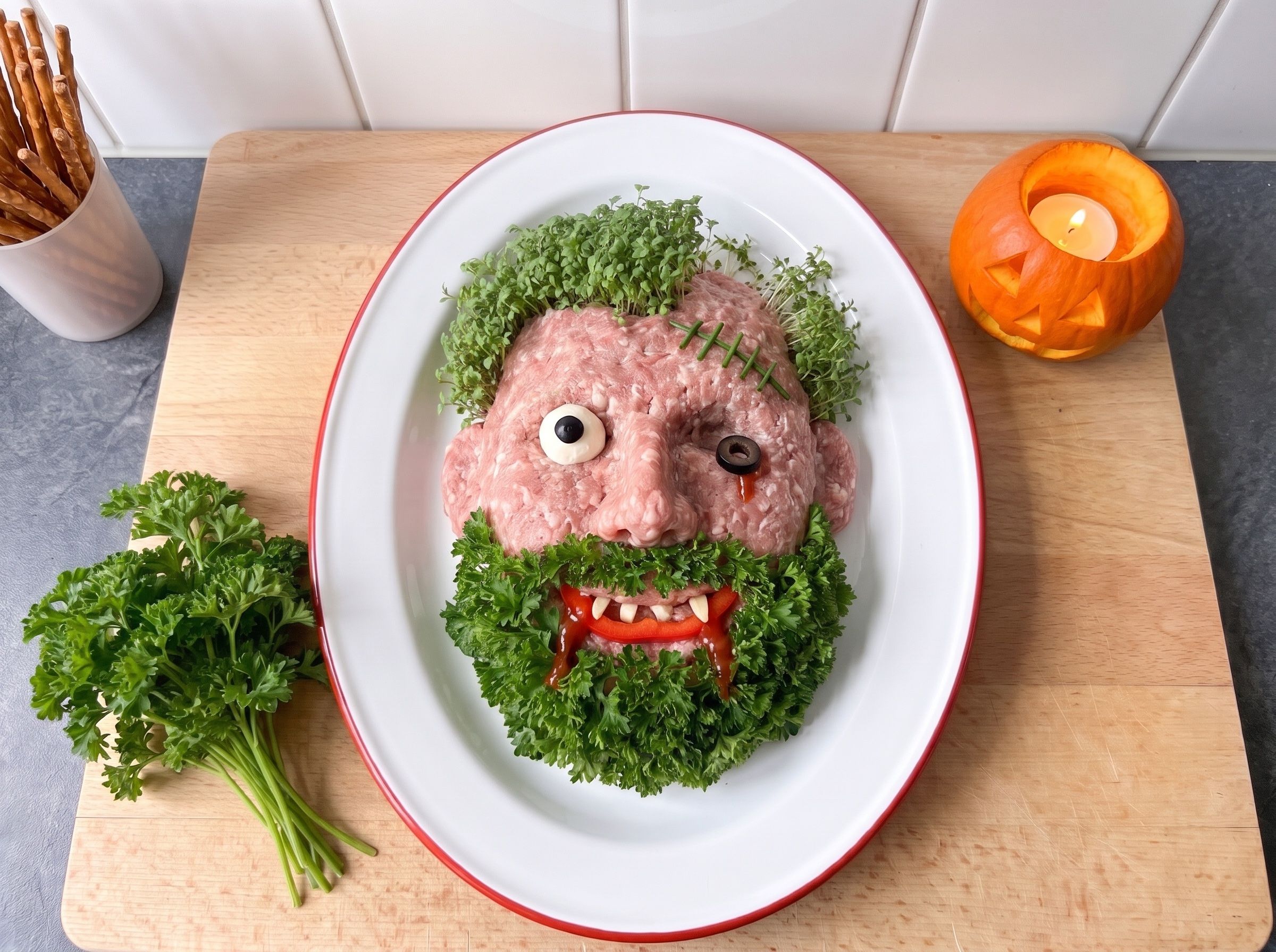 Zombie-Bubikopf: Gesicht aus Mett mit zerzauster Kressefrisur, einem Glubschauge aus Mozzarella, einem hängenden Olivenauge, Schnittlauch-Narbe auf der Stirn, Paprika-Grinsen mit Mandelzähnen und Ketchup im Mundwinkel, umrahmt von Petersilienbart, daneben ein leuchtender Kürbis