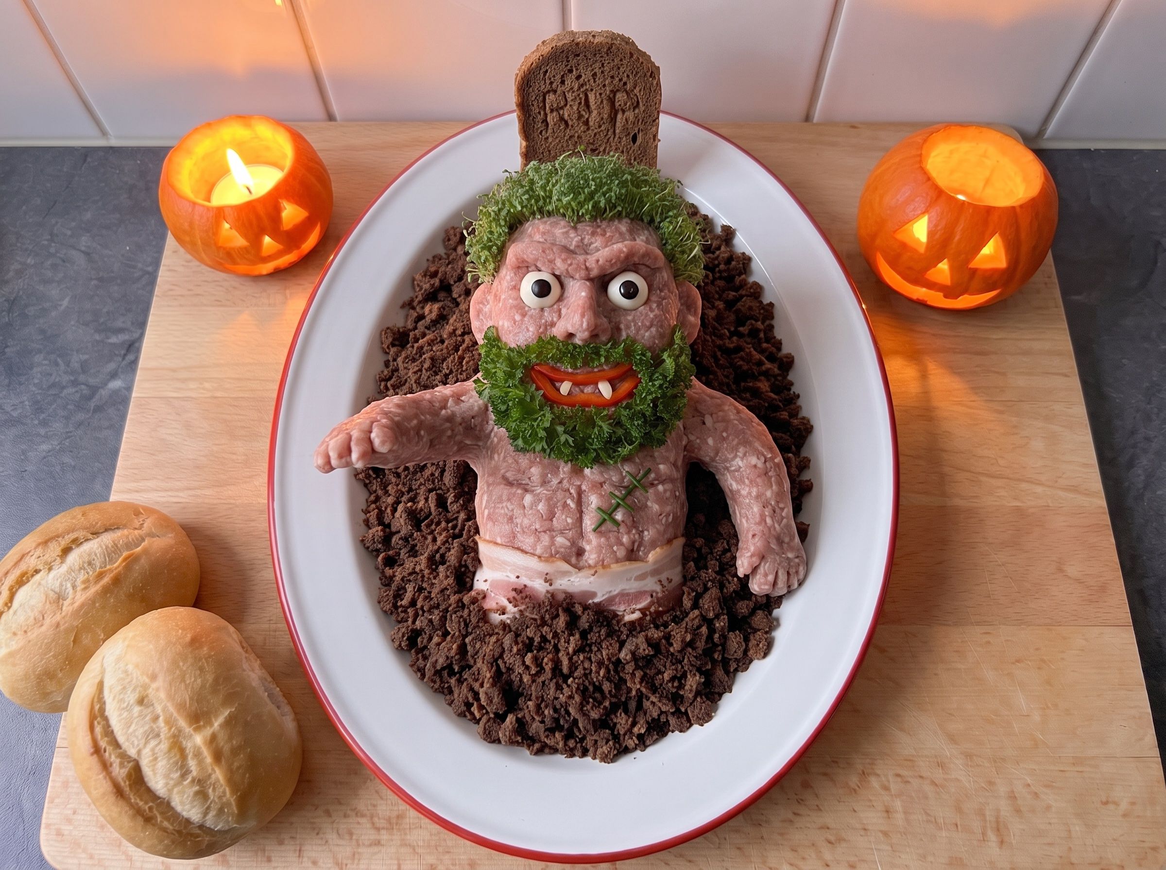Zombie-Mettmann aus Mett steigt aus einem Grab aus Pumpernickelbröseln, mit Kressehaar, Petersilienbart, Glubschaugen, Mandelzähnen, Schnittlauch-Narbe und Speck-Badehose, am Kopfende ein Grabstein aus Pumpernickel mit R.I.P., daneben zwei leuchtende Kürbisse und Brötchen