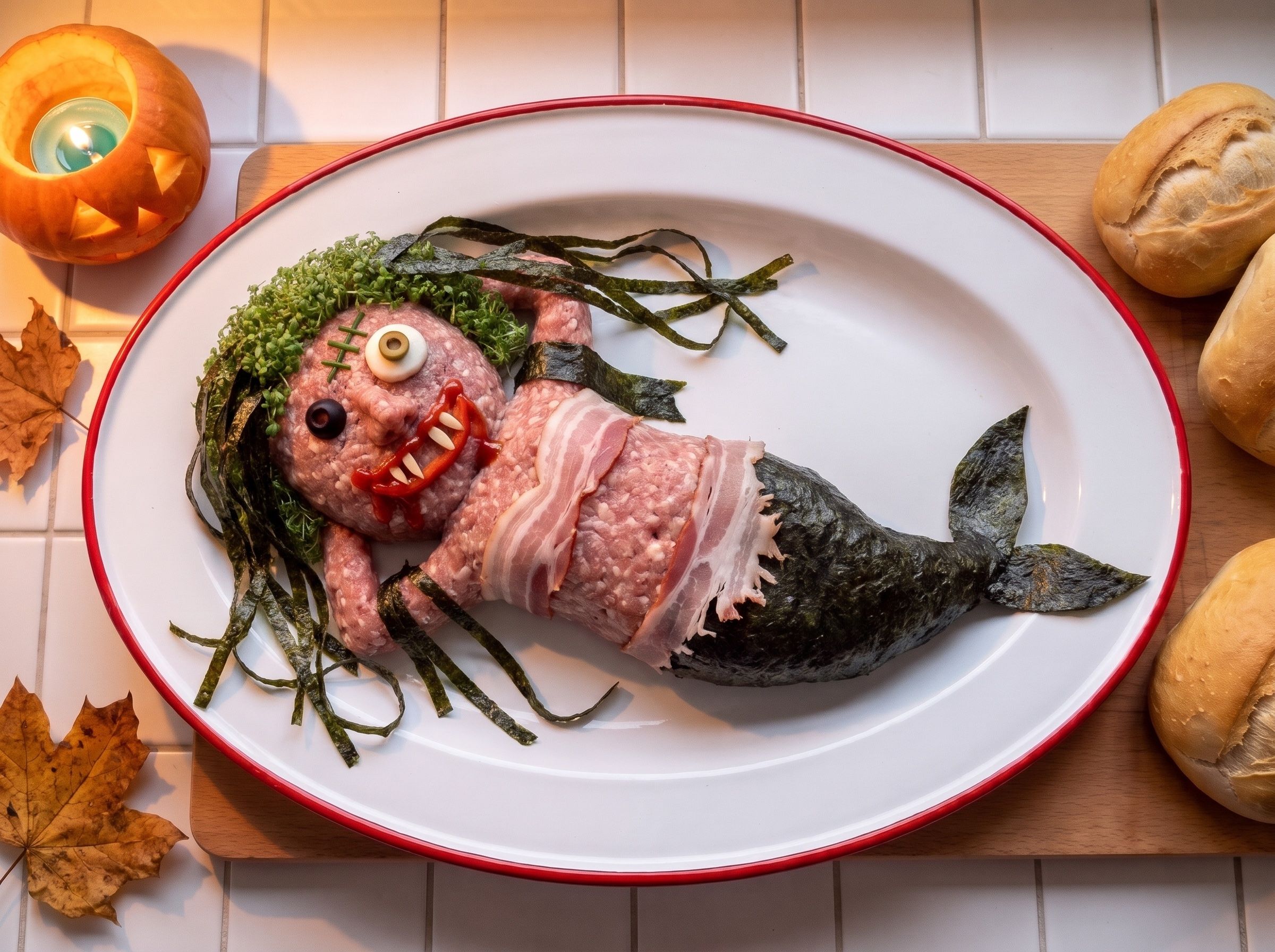 Zombie-Mettnixe: liegende Figur aus Mett mit Fischschwanz aus Nori, Seetang aus Noristreifen in der Kressefrisur, eingerissenem Speck-Bikini, Glubschauge, Schnittlauch-Narbe und Paprika-Grinsen mit Mandelzähnen auf einer Emailleplatte mit rotem Rand, daneben Brötchen, Herbstlaub und ein Kürbis mit Teelicht
